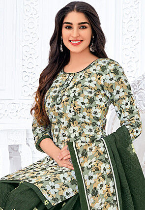 Printed Pure Cotton Punjabi Suit in Light Green