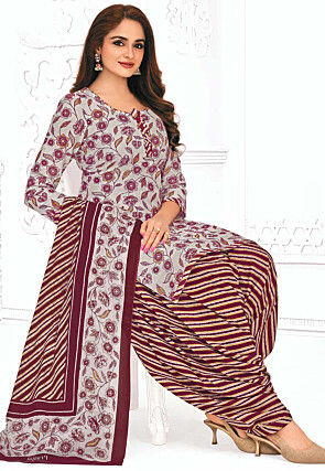 Printed Pure Cotton Punjabi Suit in Light Grey