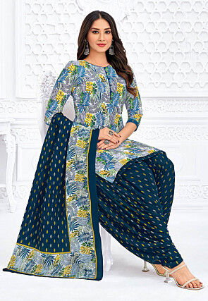 Printed Pure Cotton Punjabi Suit in Light Grey