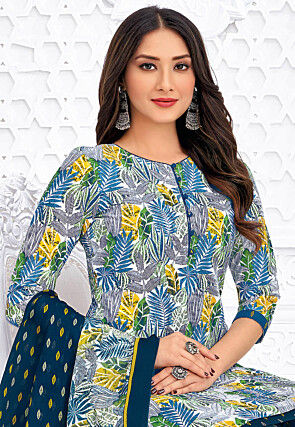 Printed Pure Cotton Punjabi Suit in Light Grey