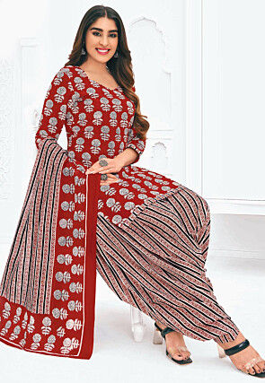 Printed Pure Cotton Punjabi Suit in Maroon