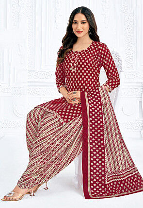 Printed Pure Cotton Punjabi Suit in Maroon