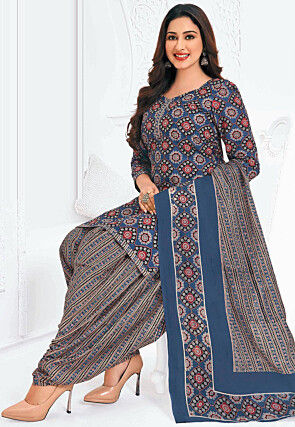 Printed Pure Cotton Punjabi Suit in Navy Blue