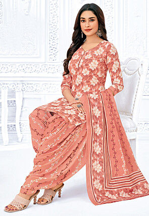 Printed Pure Cotton Punjabi Suit in Peach
