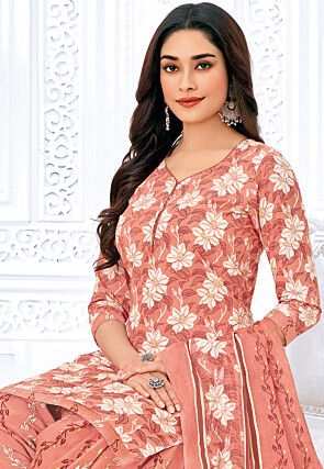 Printed Pure Cotton Punjabi Suit in Peach
