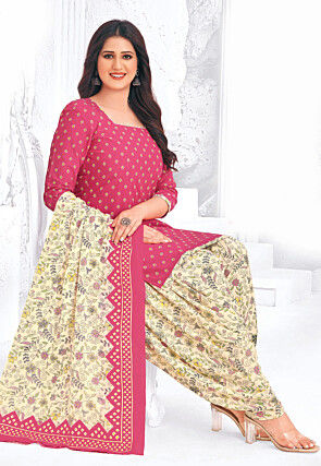 Printed Pure Cotton Punjabi Suit in Pink