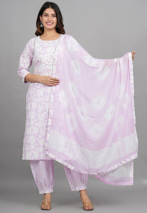 Printed Pure Cotton Punjabi Suit in Pinkish Purple