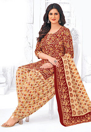 Printed Pure Cotton Punjabi Suit in Red
