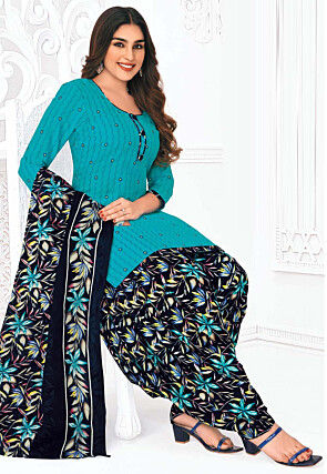 Printed Pure Cotton Punjabi Suit in Teal Blue