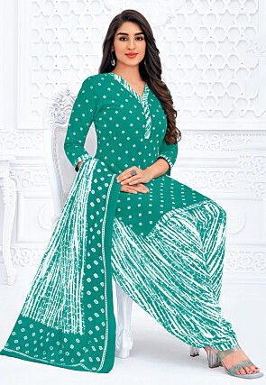 Printed Pure Cotton Punjabi Suit in Teal Green
