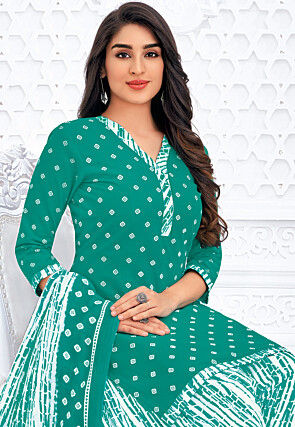 Printed Pure Cotton Punjabi Suit in Teal Green