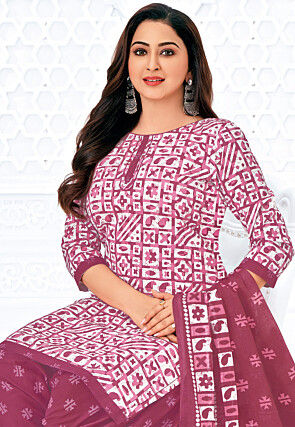 Printed Pure Cotton Punjabi Suit in White and Pink