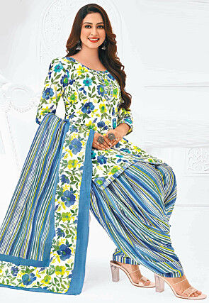 Printed Pure Cotton Punjabi Suit in White
