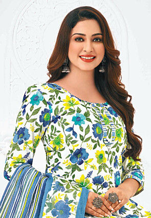 Printed Pure Cotton Punjabi Suit in White