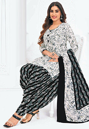 Printed Pure Cotton Punjabi Suit in White