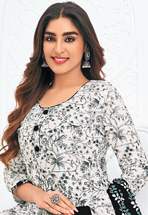 Printed Pure Cotton Punjabi Suit in White