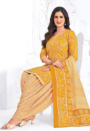 Printed Pure Cotton Punjabi Suit in Yellow