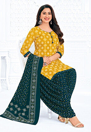 Printed Pure Cotton Punjabi Suit in Yellow