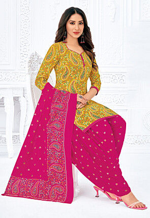 Printed Pure Cotton Punjabi Suit in Yellow