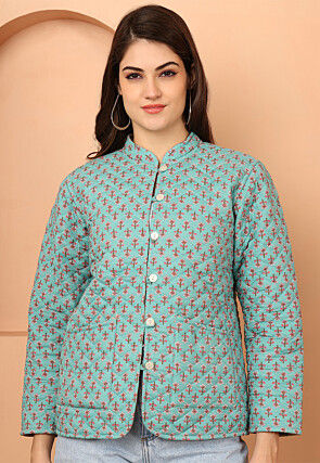 Printed Pure Cotton Quilted Reversible Jacket in Green