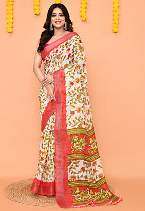 Printed Pure Cotton Saree in Off White