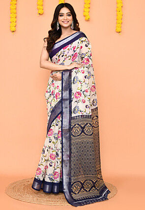 Printed Pure Cotton Saree in Off White