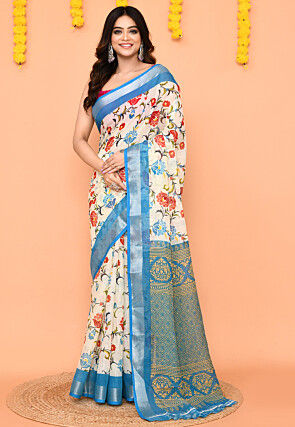 Printed Pure Cotton Saree in Off White