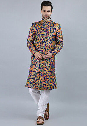 Printed Pure Cotton Sherwani in Navy Blue