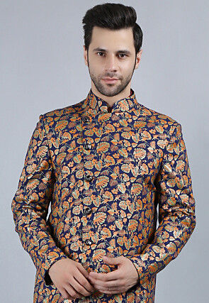 Printed Pure Cotton Sherwani in Navy Blue