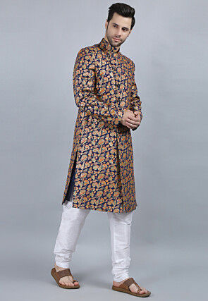 Printed Pure Cotton Sherwani in Navy Blue