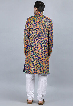 Printed Pure Cotton Sherwani in Navy Blue