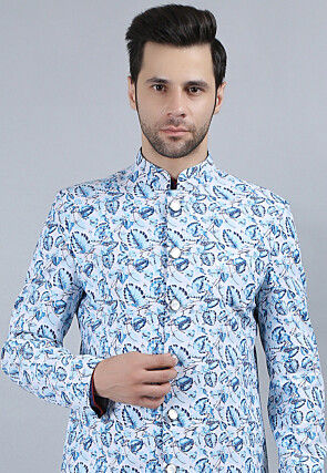 Printed Pure Cotton Sherwani in White
