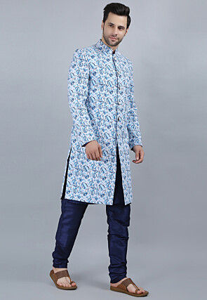 Printed Pure Cotton Sherwani in White