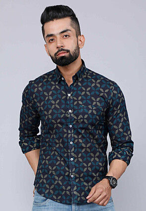 Printed Pure Cotton Shirt in Dark Blue
