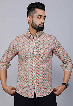 Printed Pure Cotton Shirt in Light Fawn