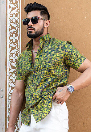 Printed Pure Cotton Shirt in Light Olive Green