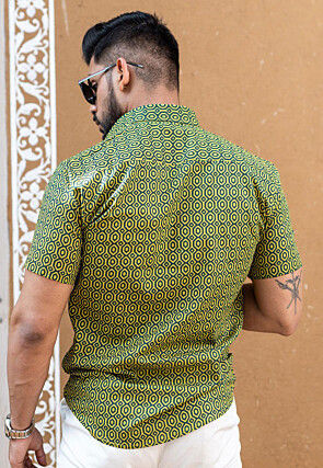 Printed Pure Cotton Shirt in Light Olive Green