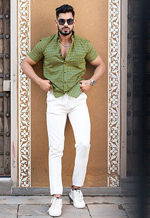 Printed Pure Cotton Shirt in Light Olive Green