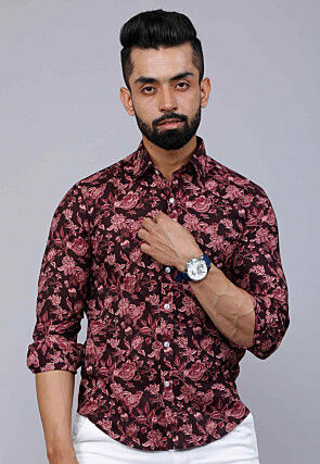 Printed Pure Cotton Shirt in Maroon