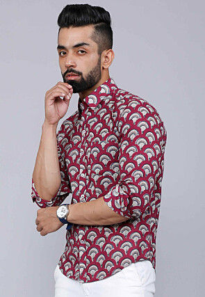Printed Pure Cotton Shirt in Maroon