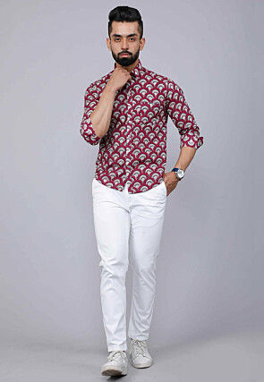 Printed Pure Cotton Shirt in Maroon