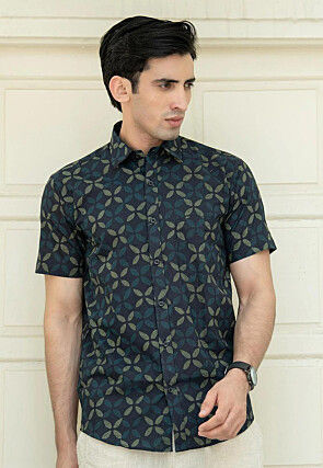 Printed Pure Cotton Shirt in Navy Blue