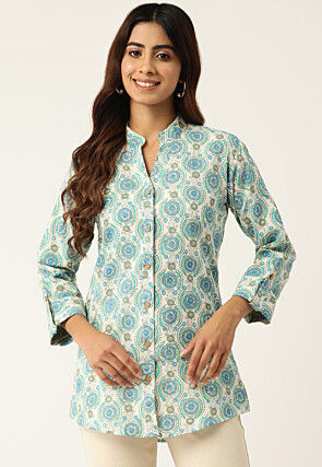 Printed Pure Cotton Shirt in Off White and Blue