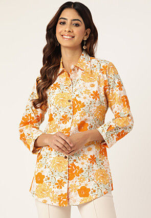 Printed Pure Cotton Shirt in Off White and Orange
