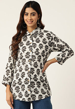 Printed Pure Cotton Shirt in Off White