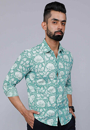 Printed Pure Cotton Shirt in Sea Green