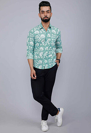 Printed Pure Cotton Shirt in Sea Green