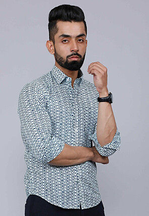 Printed Pure Cotton Shirt in White and Blue
