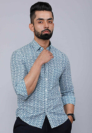 Printed Pure Cotton Shirt in White and Blue