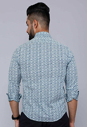 Printed Pure Cotton Shirt in White and Blue